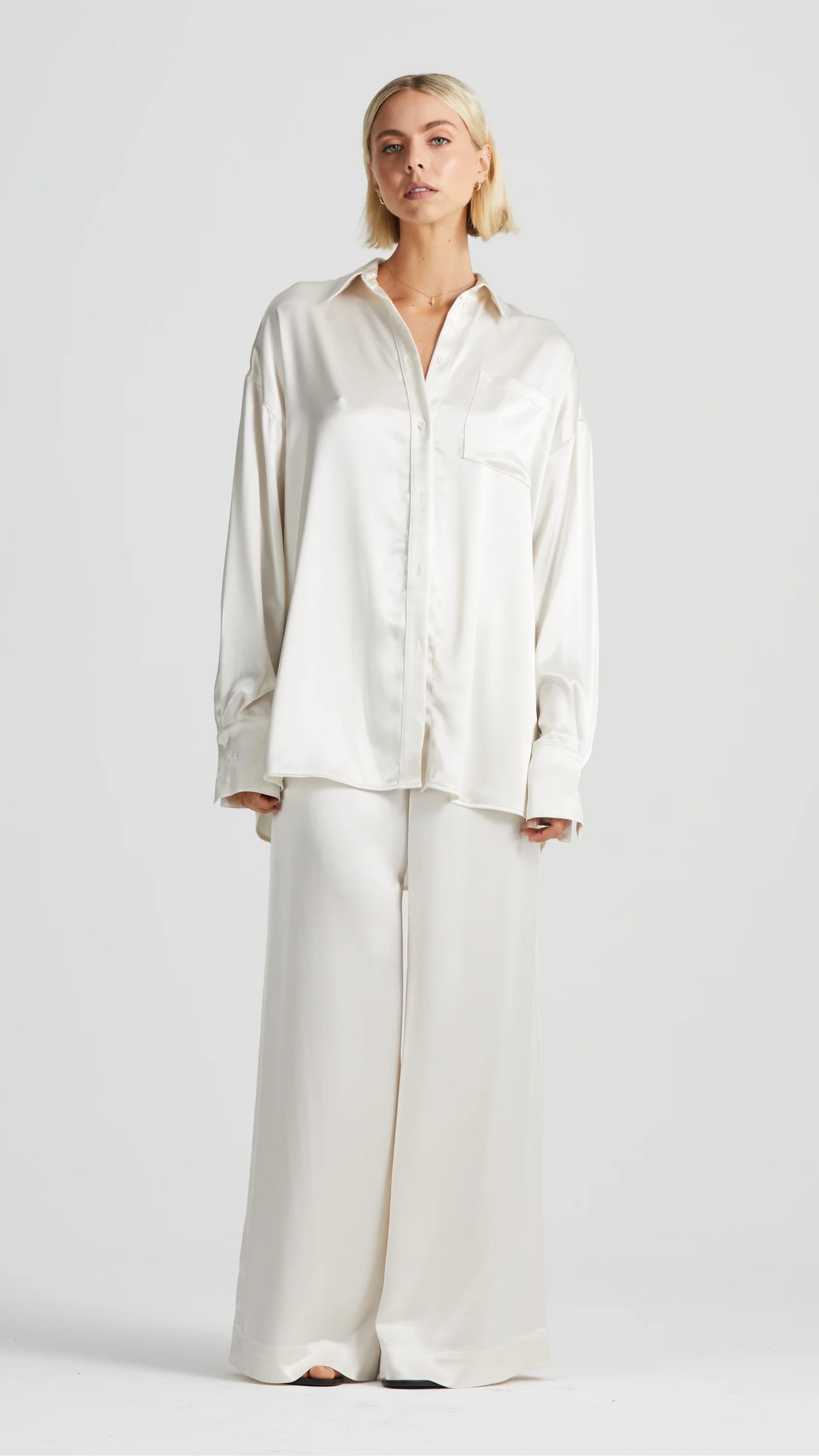 The One Six Signature Luxe Monogram Shirt Ivory Satin