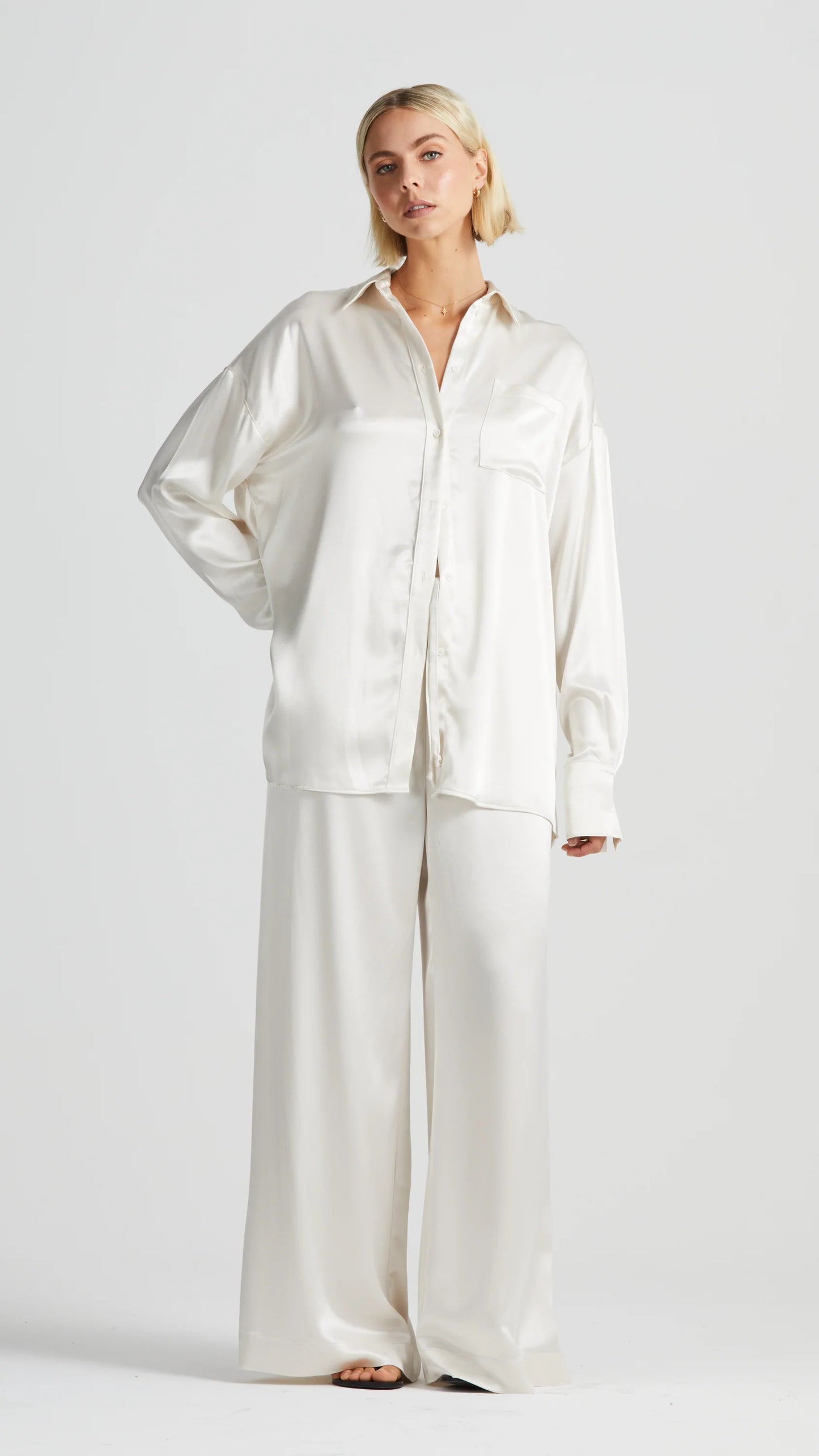 The One Six Signature Luxe Monogram Shirt Ivory Satin