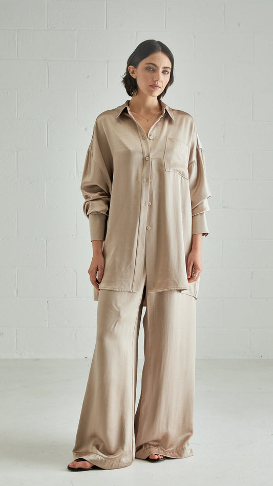 The One Six WS Luxe Wide Leg Pant -  Taupe Satin