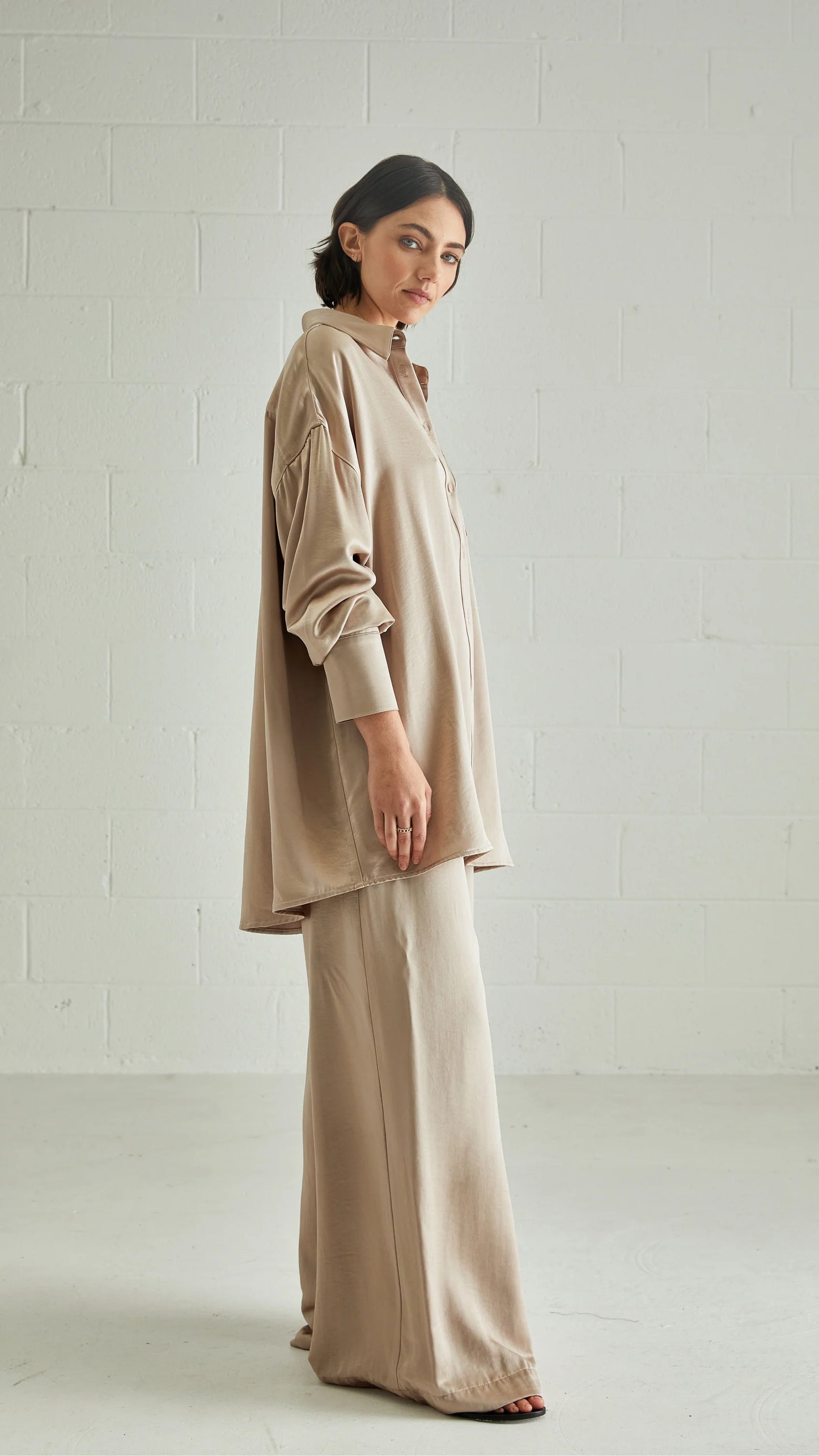 The One Six WS Luxe Relaxed Shirt -  Taupe Satin