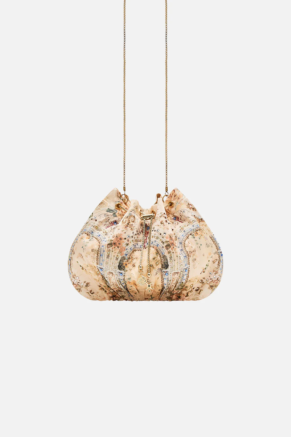 Camilla Adorned In Antiquity Drawstring Pouch With Chain Strap