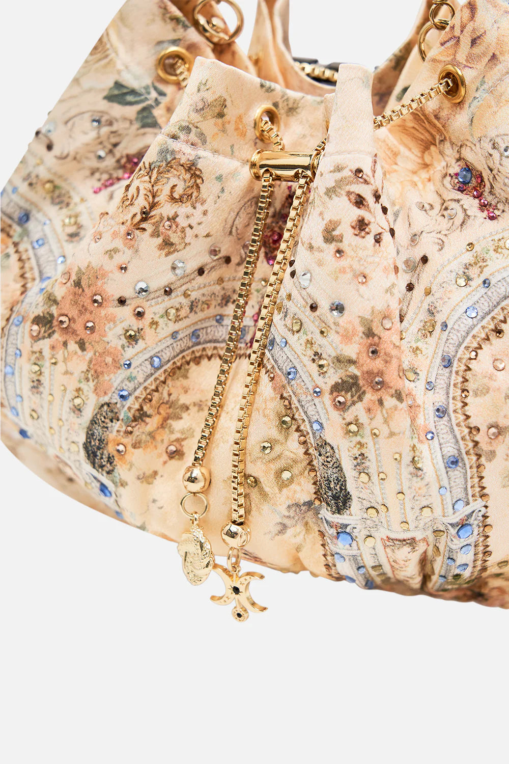 Camilla Adorned In Antiquity Drawstring Pouch With Chain Strap