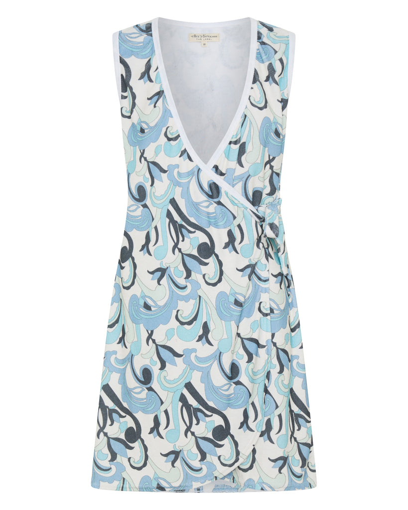 V-neck sleeveless dress with abstract blue and black pattern on a white background