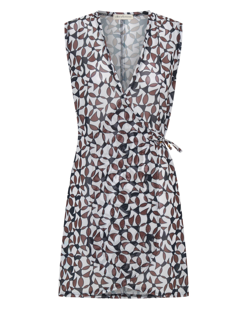 “Lightweight wrap dress with custom brown and black print”