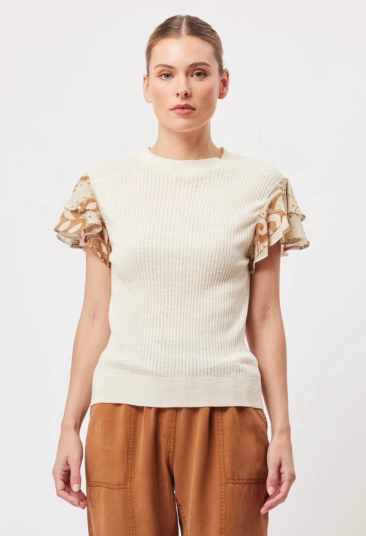 Once Was Rio Cotton Linen Ruffle Sleeve Knit Top in Bone