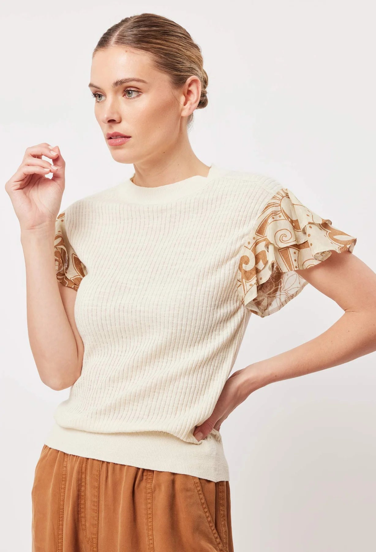 Once Was Rio Cotton Linen Ruffle Sleeve Knit Top in Bone