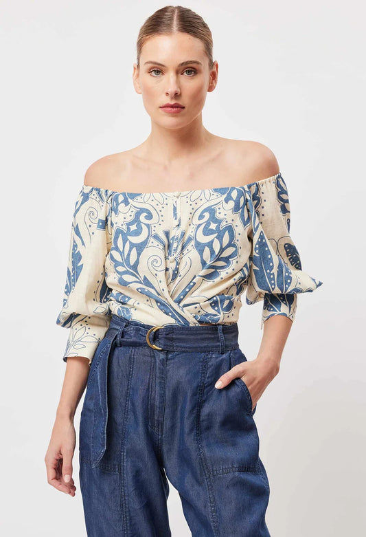 Once Was Templo Linen Viscose Top in Del Sol Azure