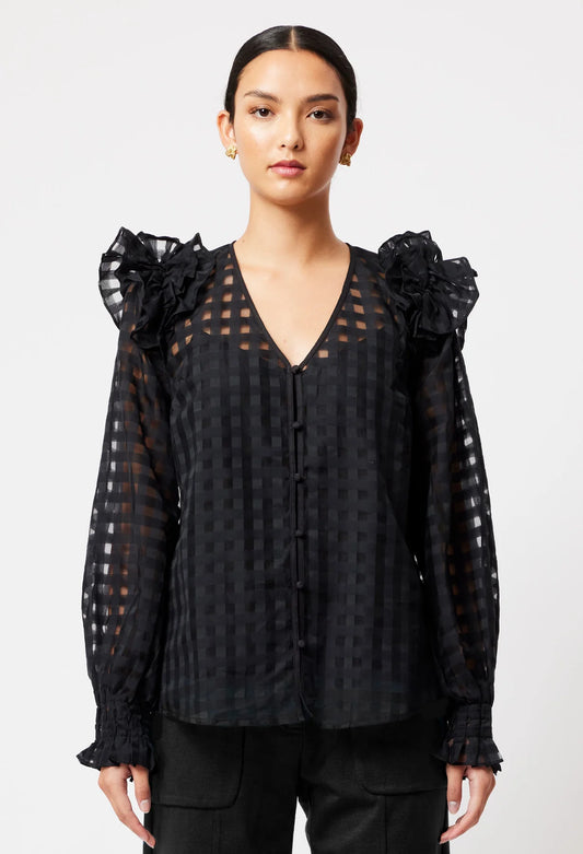 Once Was Aquila Cotton Silk Self Check Blouse - Black