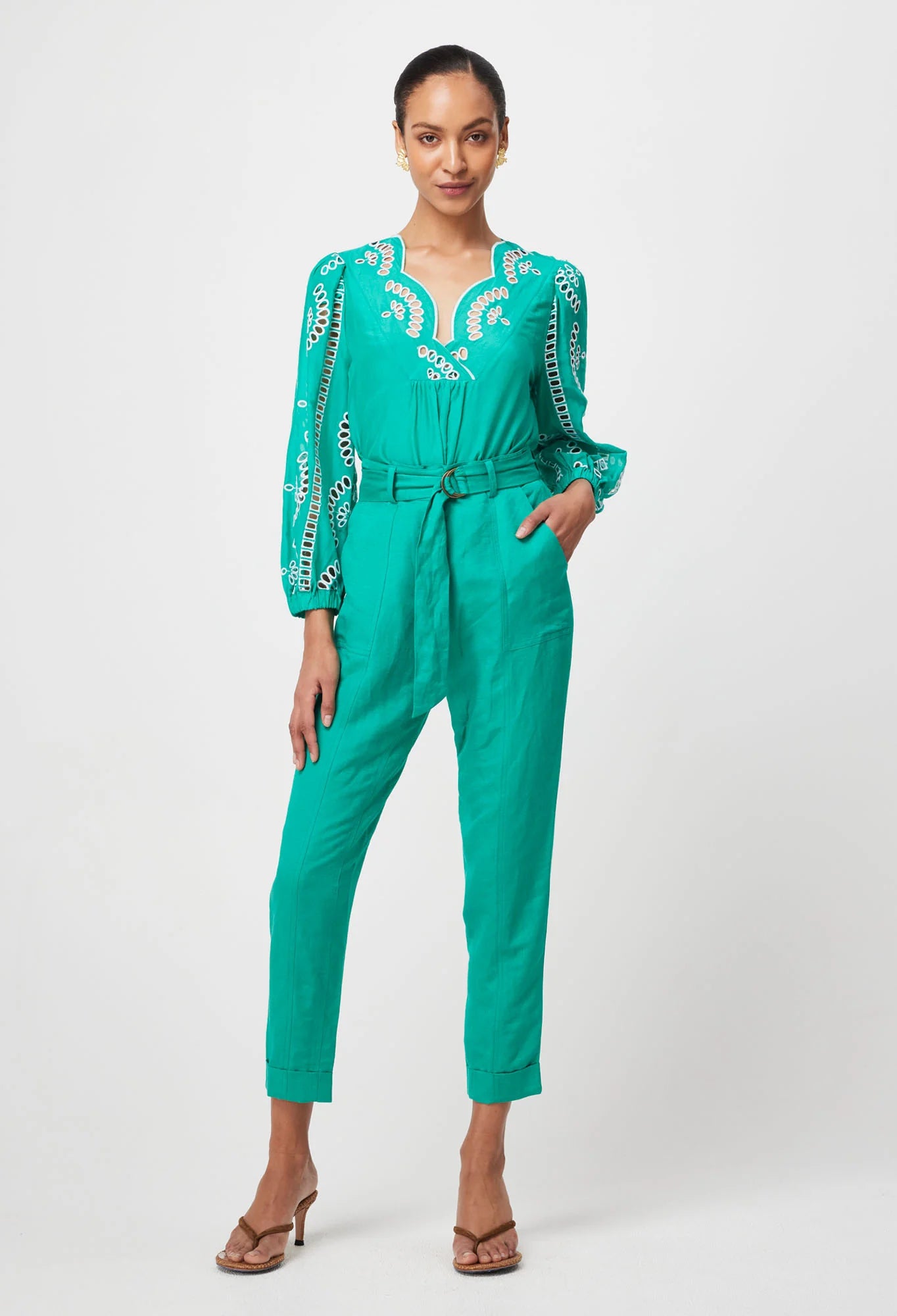 Once Was Transit Rolled Cuff Linen Viscose Pant - Bay Green