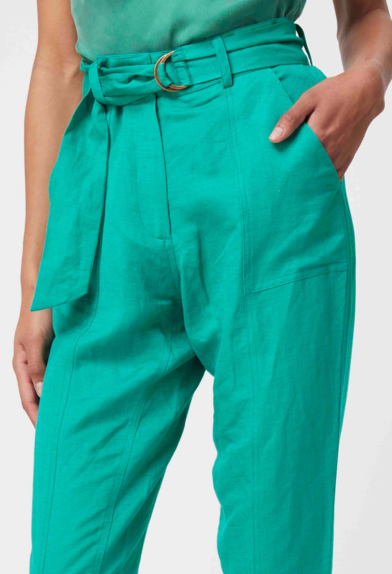 Once Was Transit Rolled Cuff Linen Viscose Pant - Bay Green