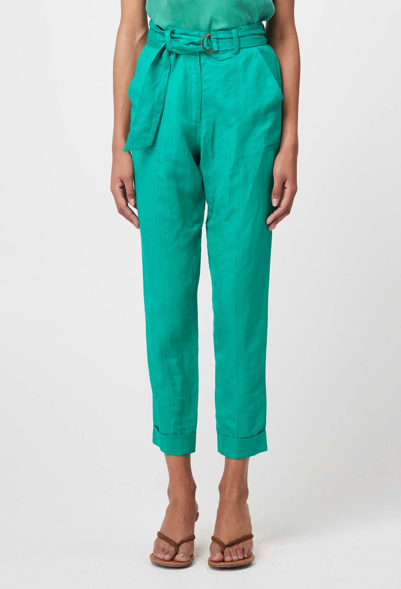 Once Was Transit Rolled Cuff Linen Viscose Pant - Bay Green