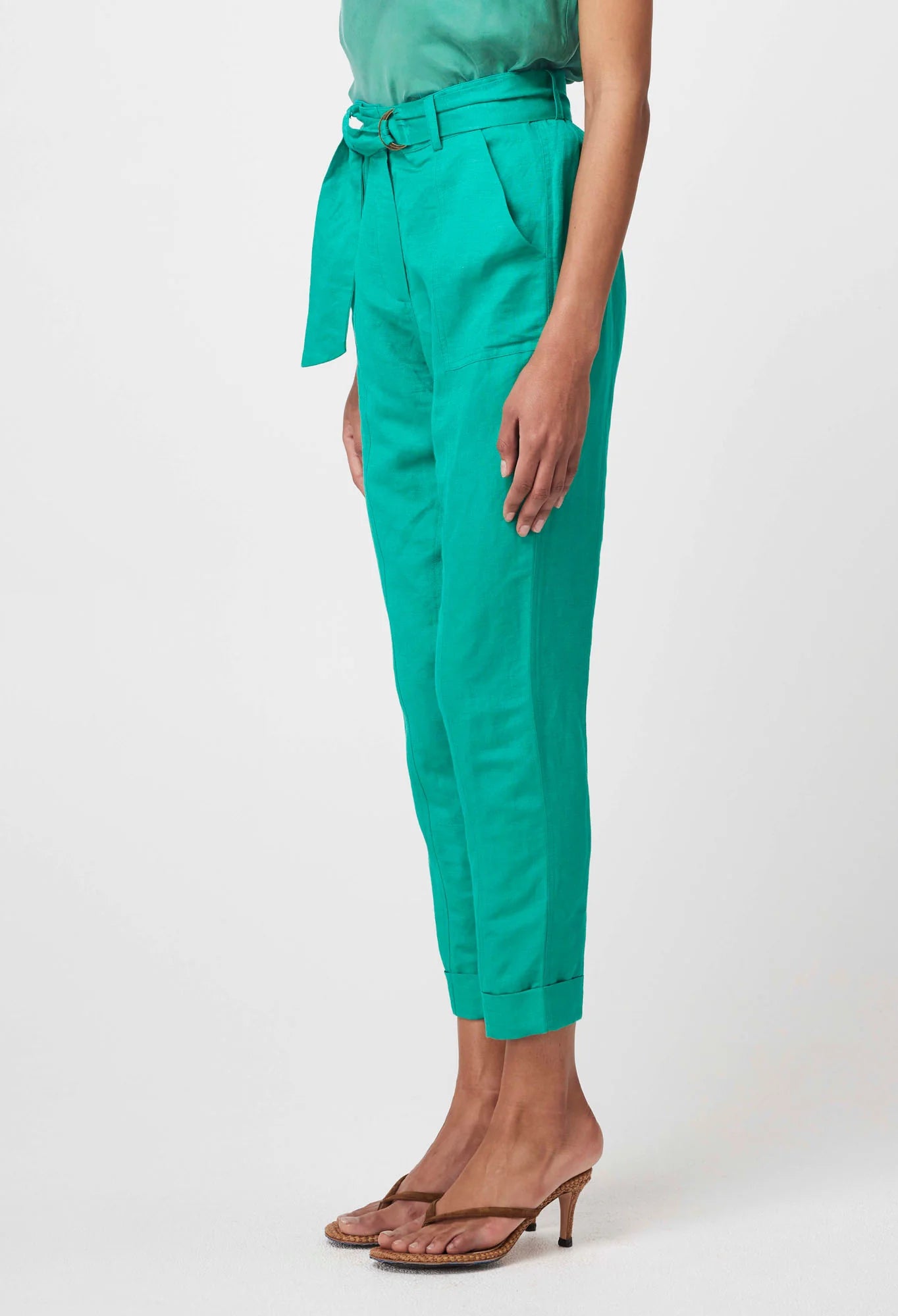 Once Was Transit Rolled Cuff Linen Viscose Pant - Bay Green