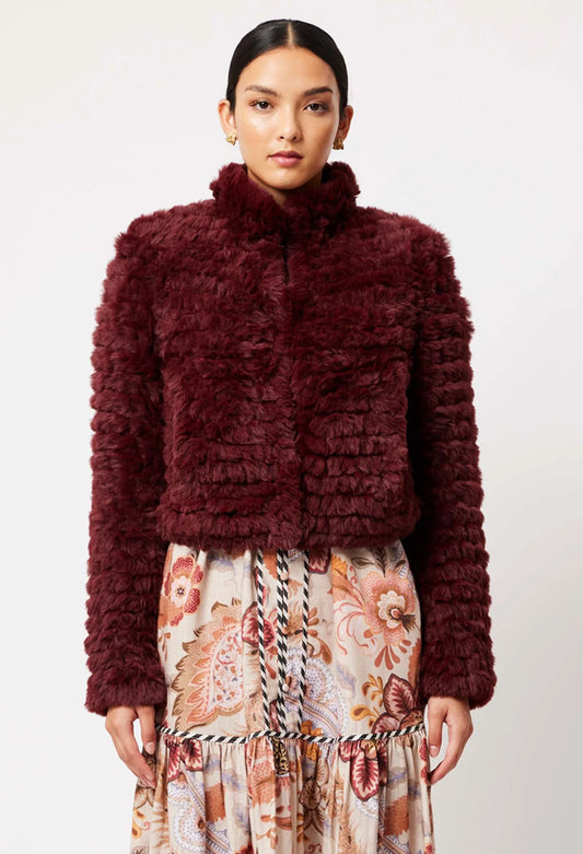 Once Was Altair Faux Fur Bomber Jacket in Scarlett