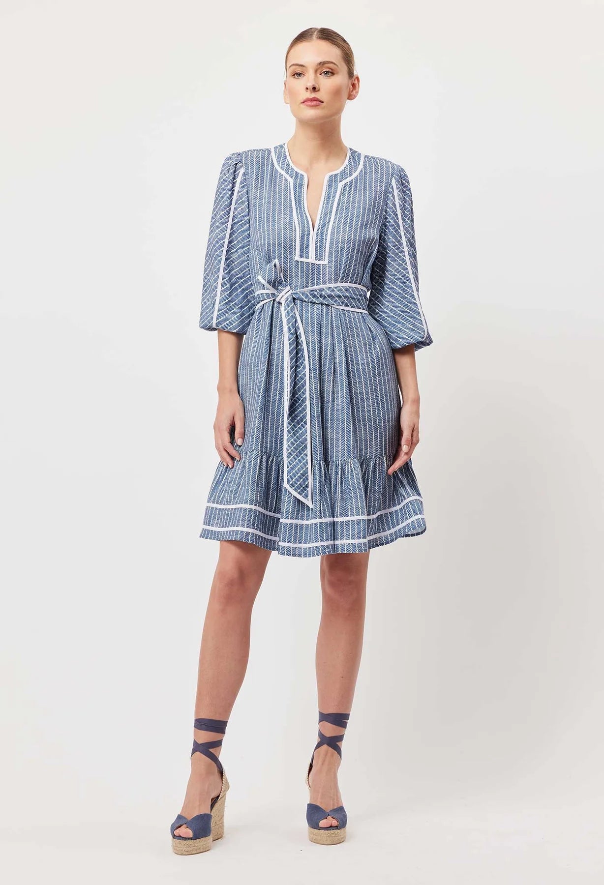 Once Was Antigua Linen Viscose Dress in Del Mar Stripe