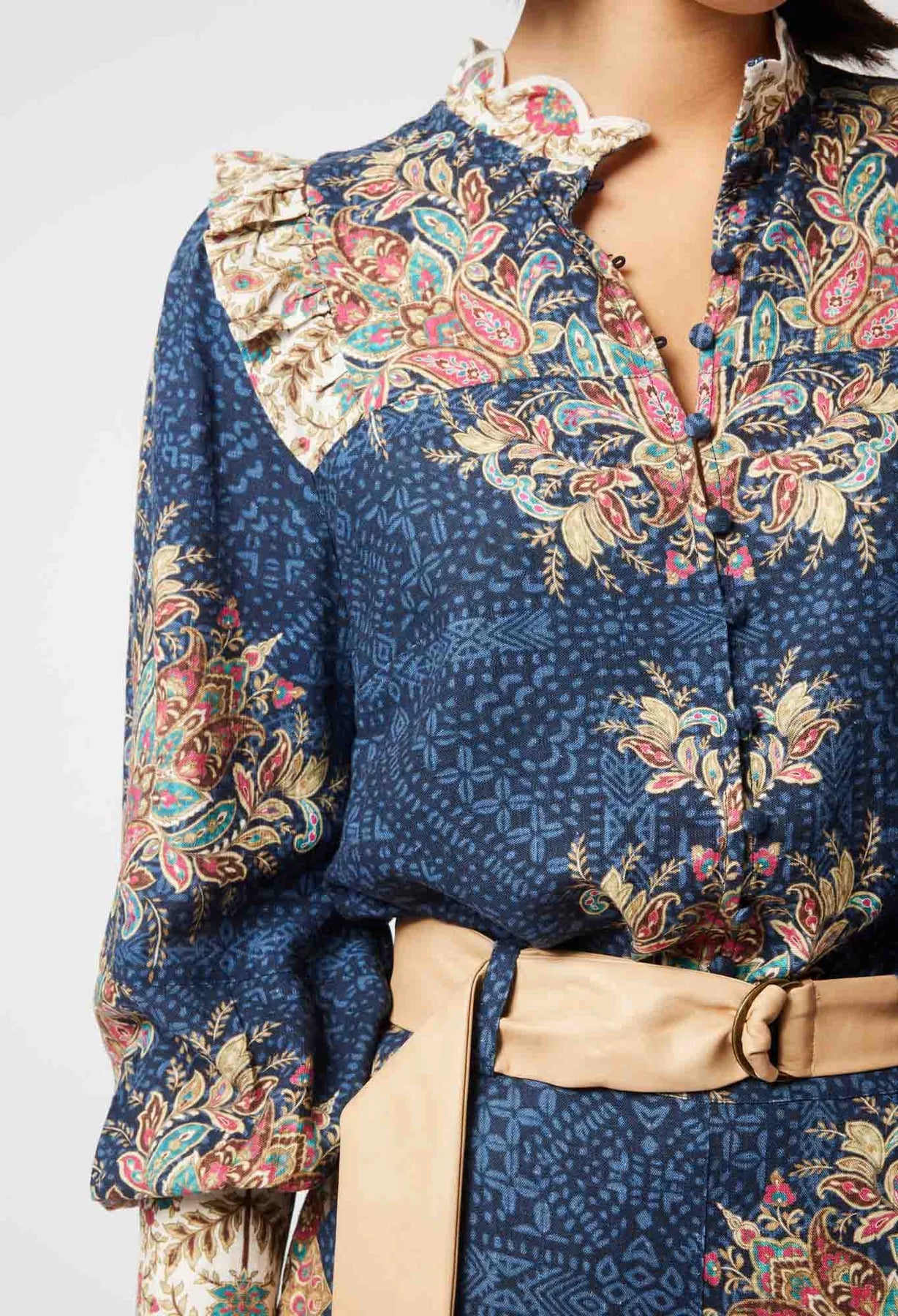 Once Was Imperial Linen Viscose Ruffle Detail Shirt Oriental Print