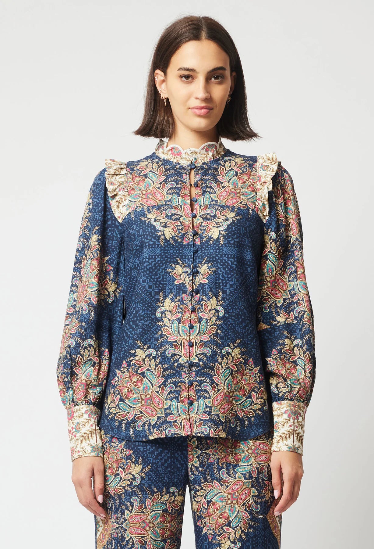 Once Was Imperial Linen Viscose Ruffle Detail Shirt Oriental Print