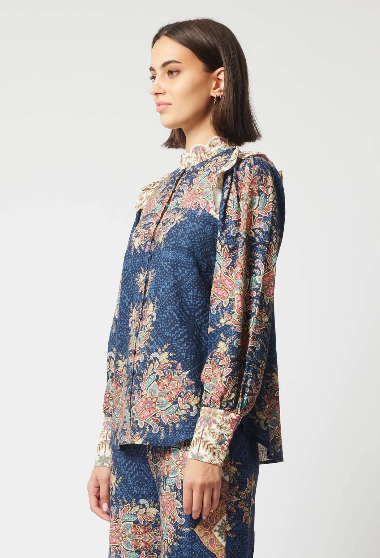 Once Was Imperial Linen Viscose Ruffle Detail Shirt Oriental Print