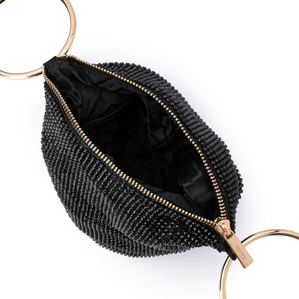 Olga Berg Ellie Crystal Mesh Black Ring Handle Bag