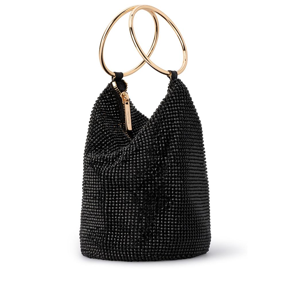 Olga Berg Ellie Crystal Mesh Black Ring Handle Bag