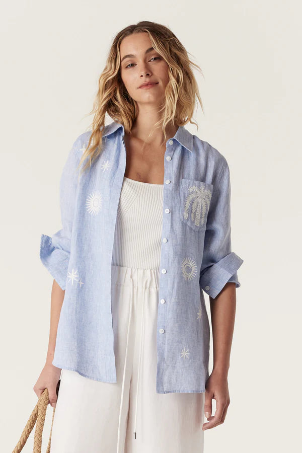 Cable Palm Linen Embroidered Shirt - Blue Marle