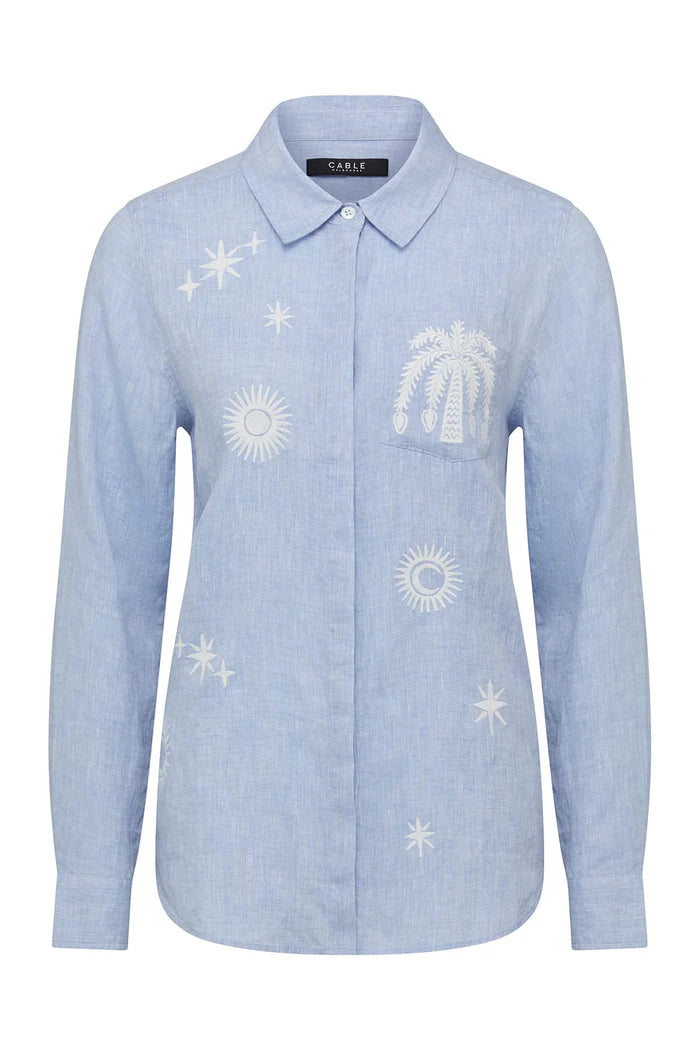 Cable Palm Linen Embroidered Shirt - Blue Marle