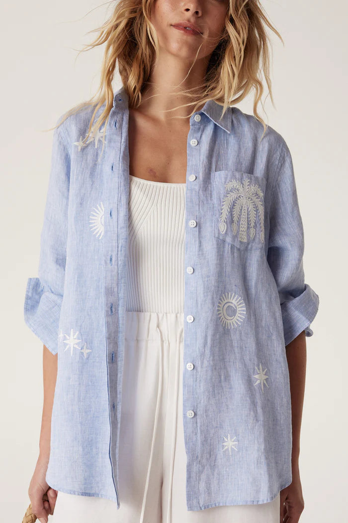 Cable Palm Linen Embroidered Shirt - Blue Marle