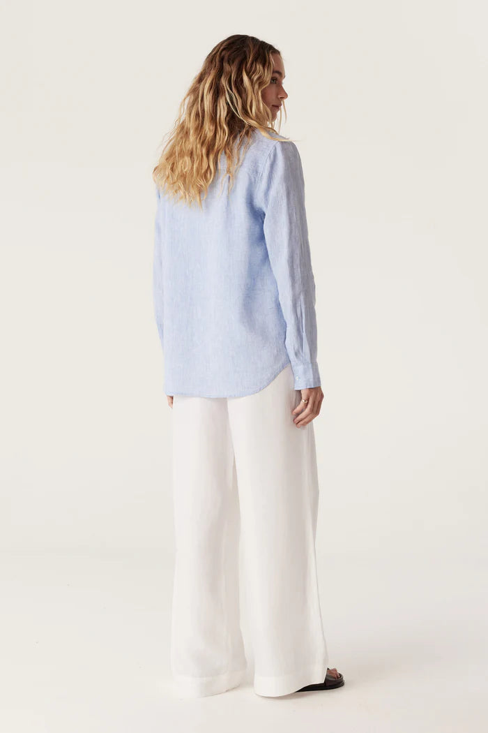 Cable Palm Linen Embroidered Shirt - Blue Marle