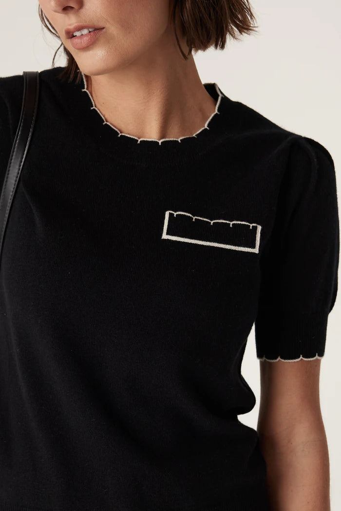 Cable Cashwool Crew Scallop Tee - Black