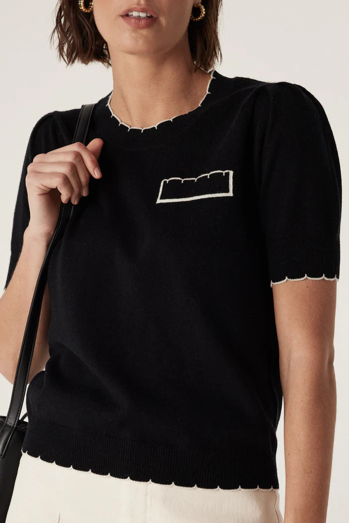 Cable Cashwool Crew Scallop Tee - Black