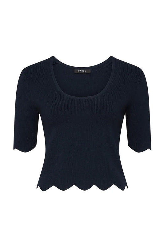 Cable Crepe Scallop Top - Navy