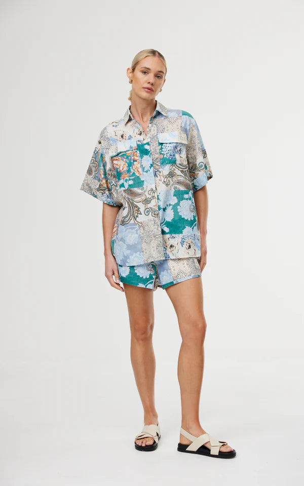 Kinney The Label Juniper Shirt - Cyan Patchwork