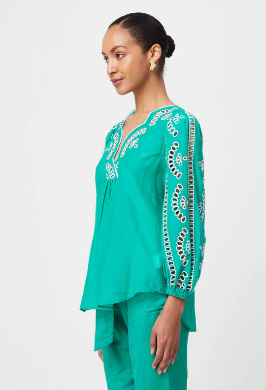 Once Was Morgan Embroidered Silk Cotton Blouse - Bay Green