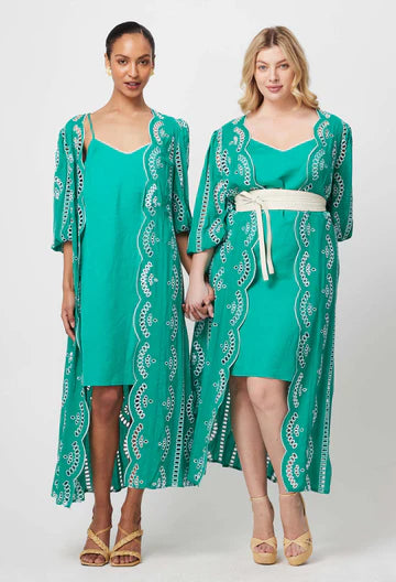 Once Was Morgan Embroidered Coat Dress with Slip - Bay Green