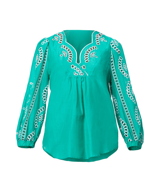 Once Was Morgan Embroidered Silk Cotton Blouse - Bay Green