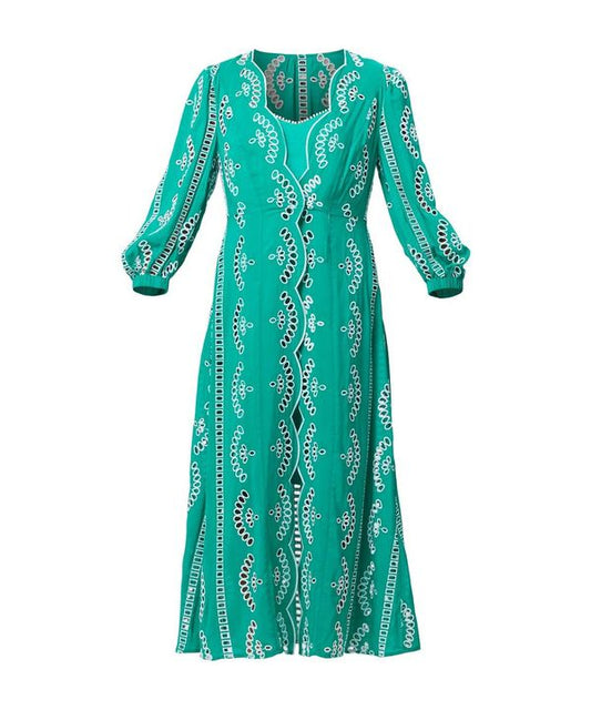 Once Was Morgan Embroidered Coat Dress with Slip - Bay Green