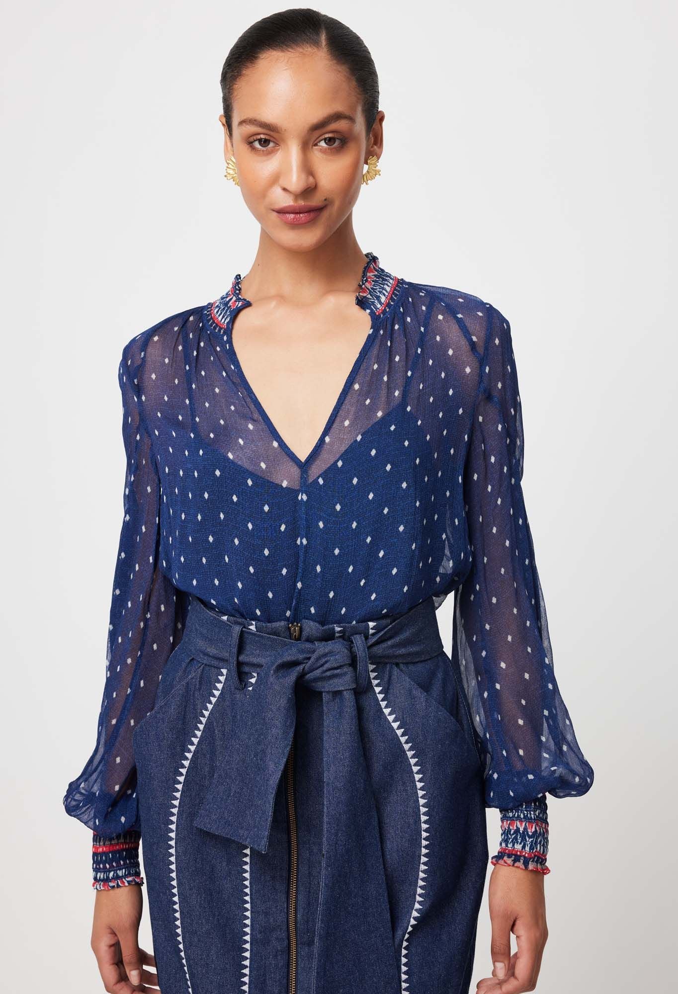 Once Was Phoenix Viscose Chiffon Blouse In Lapis Spot