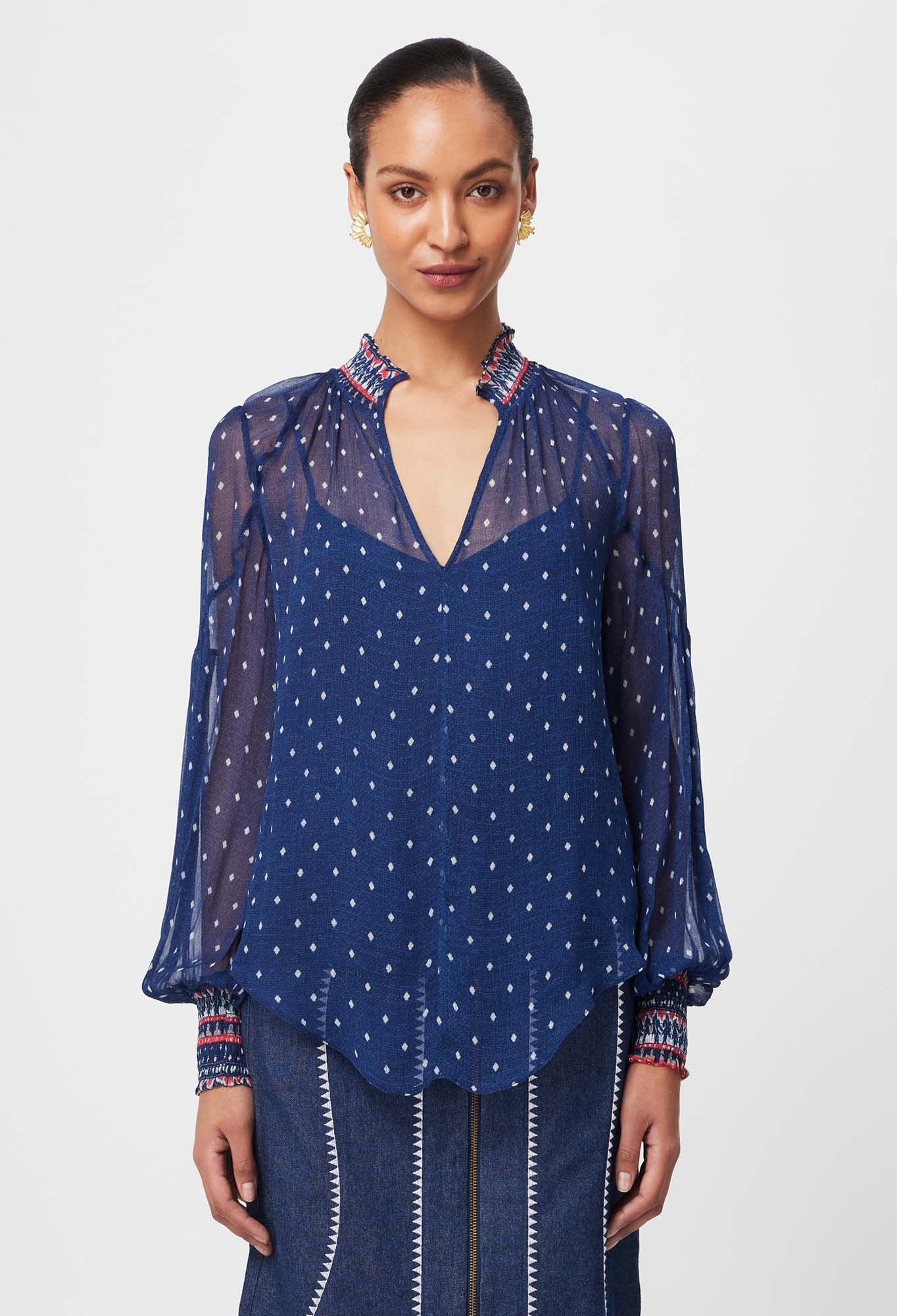 Once Was Phoenix Viscose Chiffon Blouse In Lapis Spot