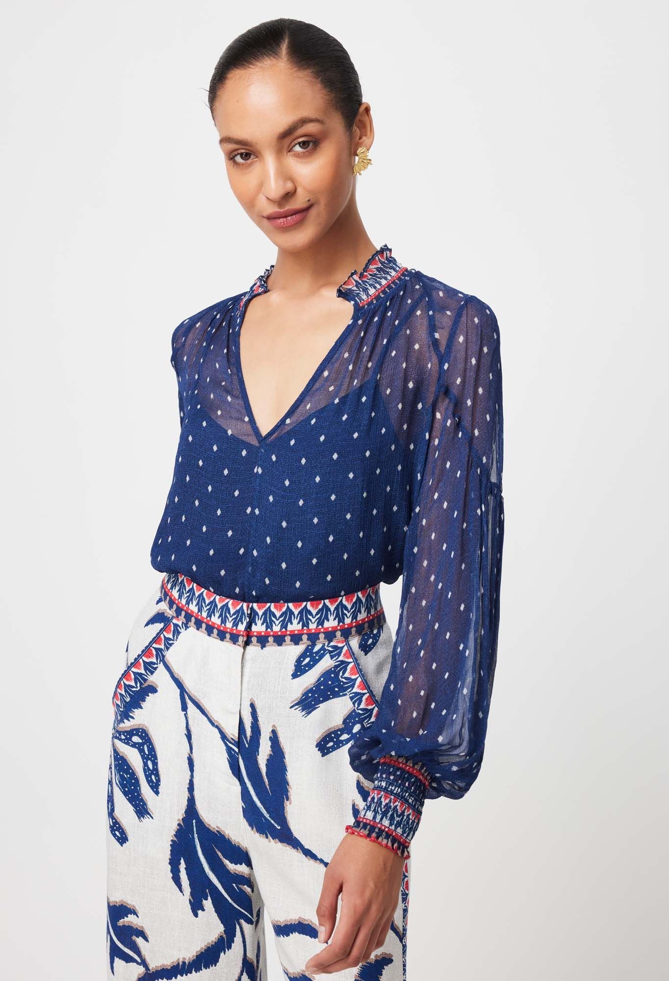 Once Was Phoenix Viscose Chiffon Blouse In Lapis Spot