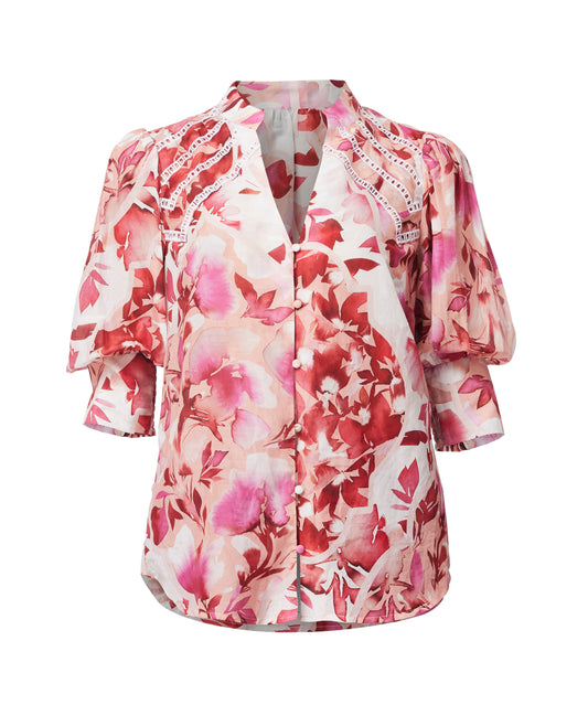 Once Was SANIBEL EMBROIDERED COTTON SILK TOP IN FLAMINGO FLOWER