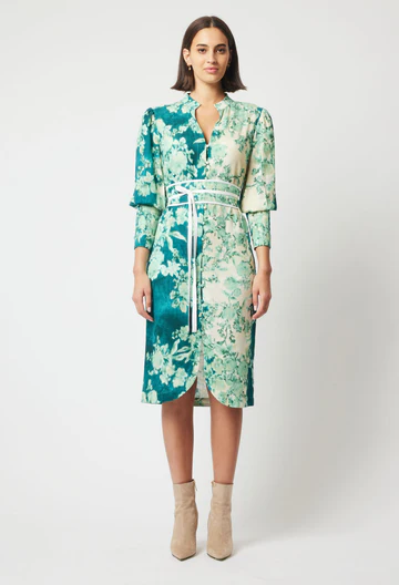 Once Was Dynasty Linen Viscose Dress in Jade Floral