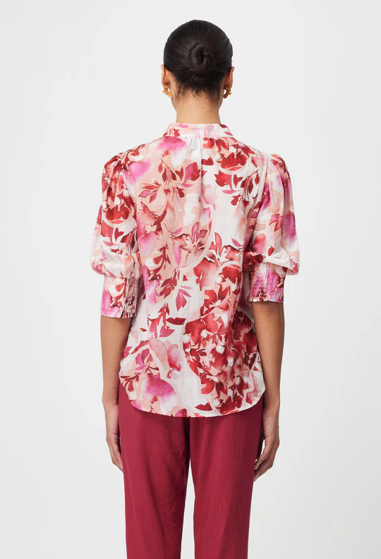 Once Was SANIBEL EMBROIDERED COTTON SILK TOP IN FLAMINGO FLOWER