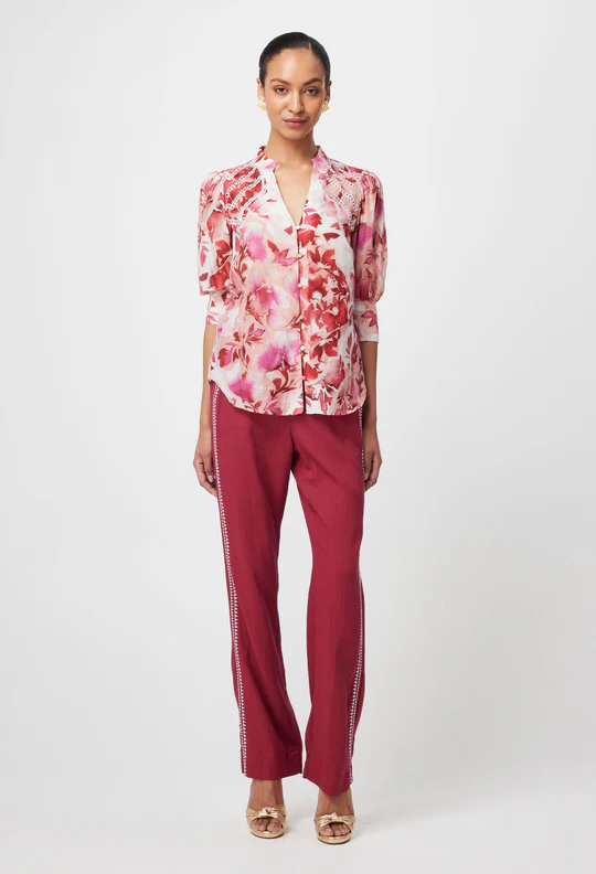 Once Was SANIBEL EMBROIDERED COTTON SILK TOP IN FLAMINGO FLOWER