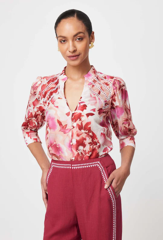 Once Was SANIBEL EMBROIDERED COTTON SILK TOP IN FLAMINGO FLOWER