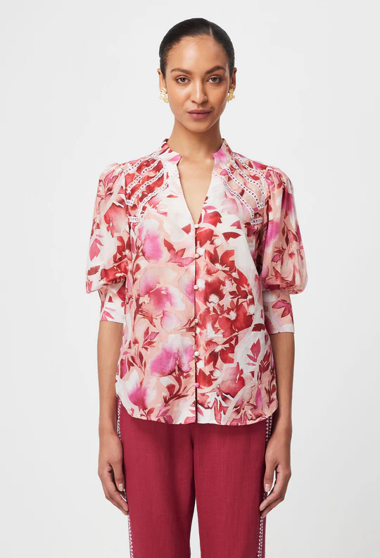 Once Was SANIBEL EMBROIDERED COTTON SILK TOP IN FLAMINGO FLOWER