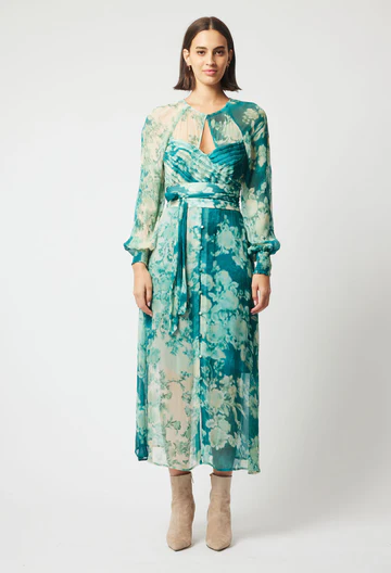 Once Was Pavillion Viscose Chiffon Dress in Jade Floral