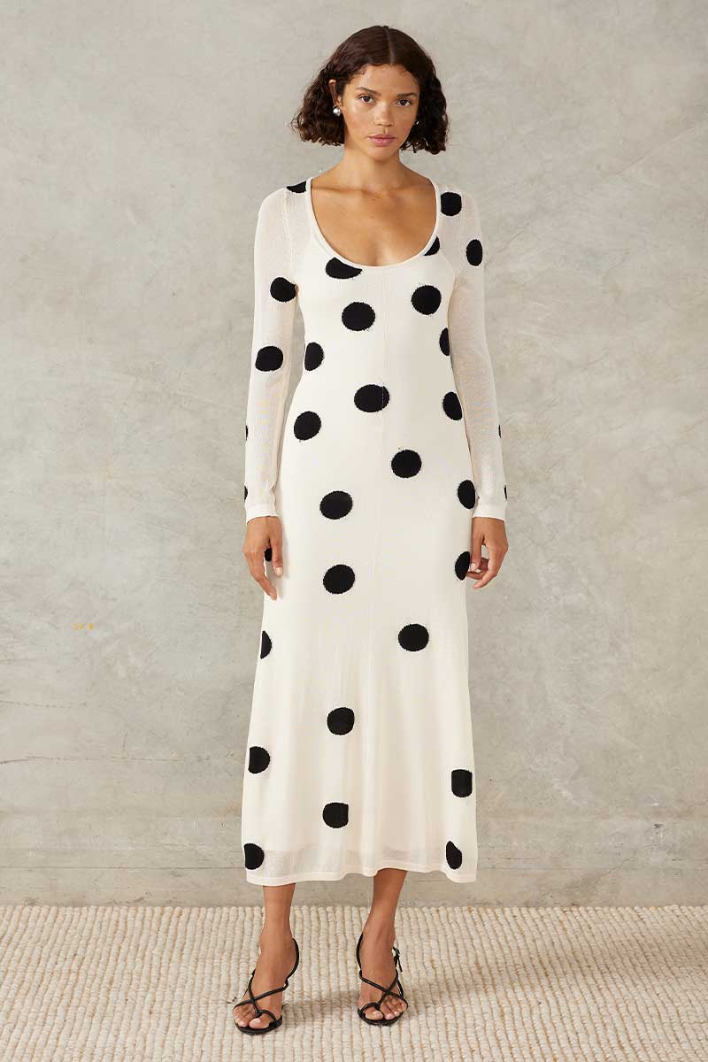 Mon Renn Ellipsis Knit Midi Dress Vanilla Bean Spot