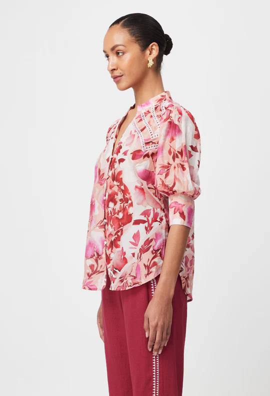 Once Was SANIBEL EMBROIDERED COTTON SILK TOP IN FLAMINGO FLOWER